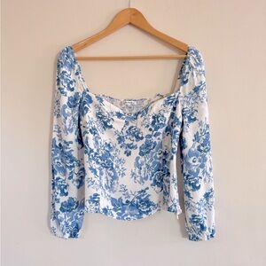 Reformation Blue White Floral Long Sleeve Smocked Top Size 12‎